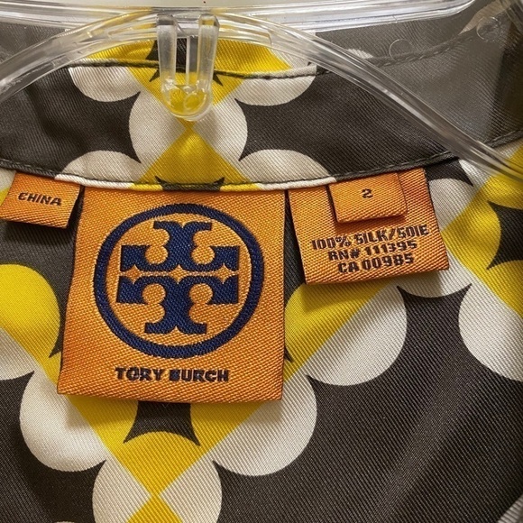 TORY BURCH Brown Yellow Multicolor Silk Button Front 3/4 Sleeve Blouse Size 2 - Picture 3 of 4